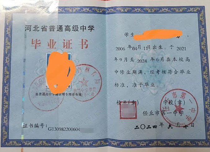 宣州任丘市第一中学高中毕业证样本图片